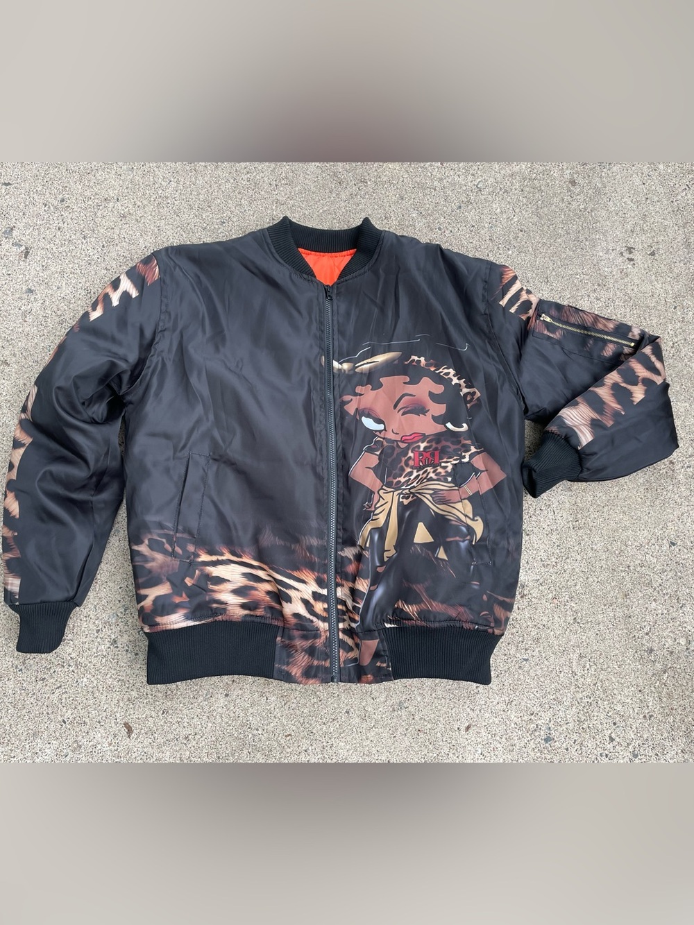 Betty Boop Black Bomber Jacket with Orange Lining and Leopard Print